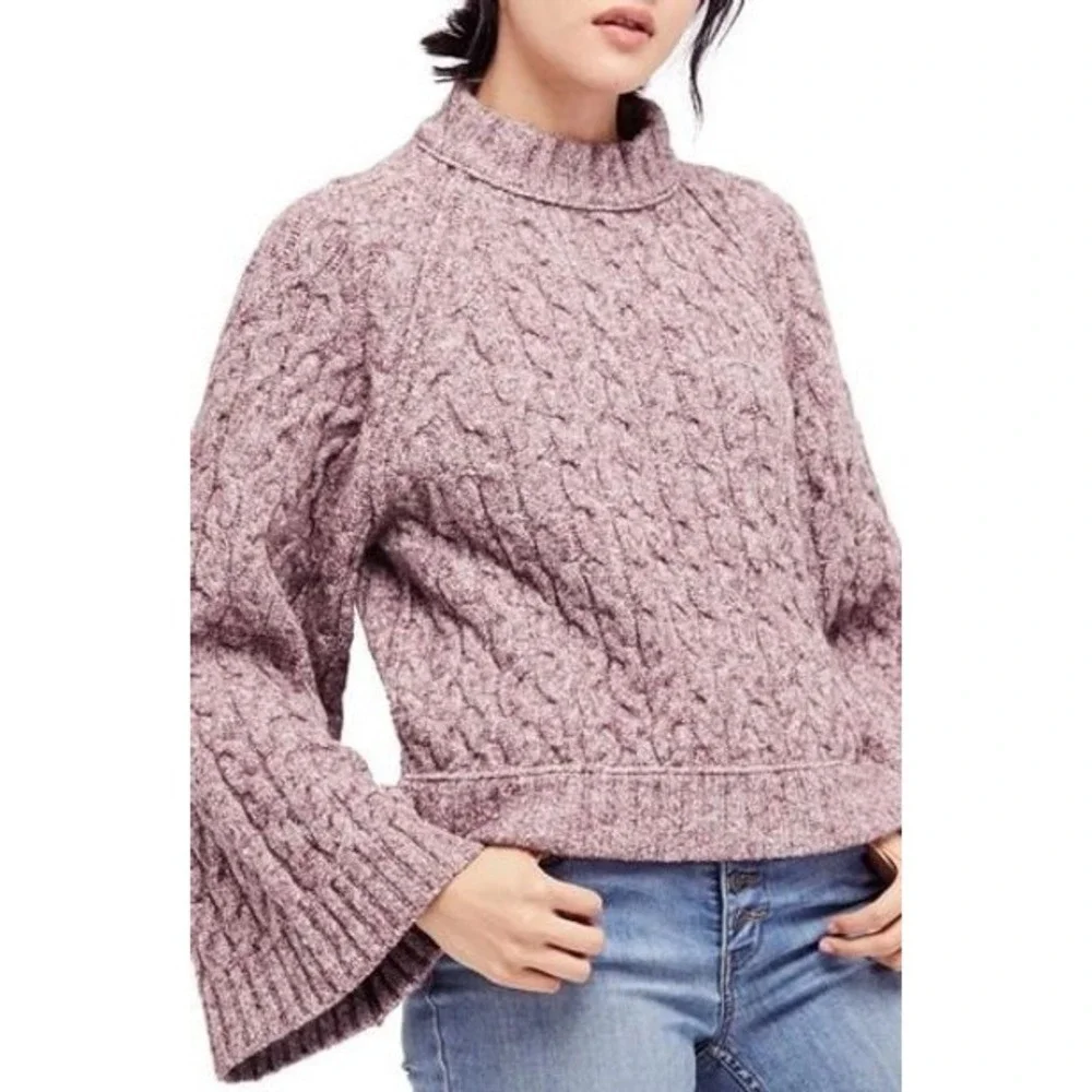 Free People Snow Bird Cable Knit Flared Bell Sleeves Sweater Size Small Boho